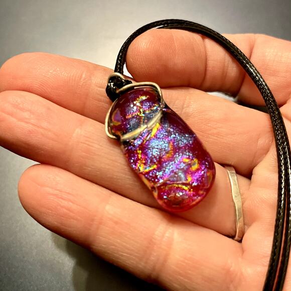 Raspberry Colored Dichroic Handcrafted Glass Pendant - Picture 3 of 7